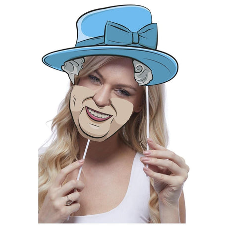 Woman holding a blue hat and face mask photo prop from Fancy Dress union jack tableware props collection