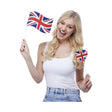 Woman holding Union Jack tableware props including a flag and heart-shaped decoration for party decorations