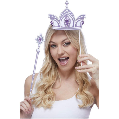 Woman holding purple crown and scepter decoration props from Fancy Dress decorations