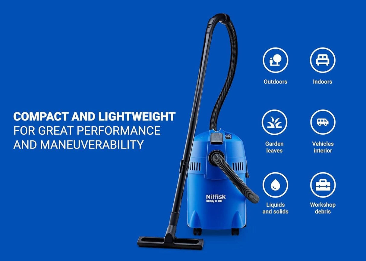 Nilfisk Buddy II Wet and Dry Vacuum for Indoor & Outdoor 18L 1200W Blue
