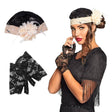 Woman wearing Charleston accessories set with black lace gloves and decorative headband with flower