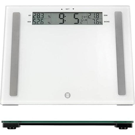 Weight Watchers glass scale with digital display and body composition analysis in white