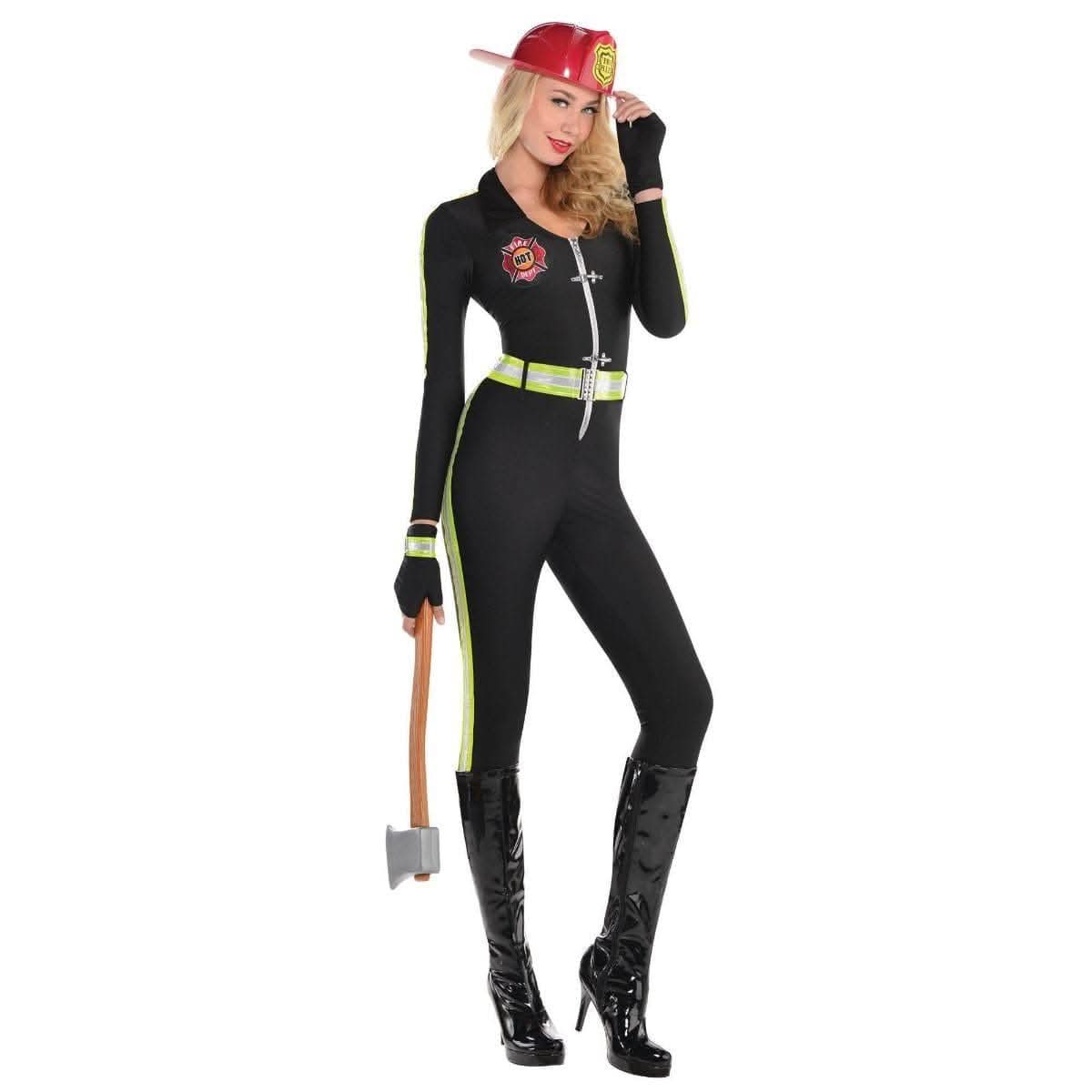 Woman's Fired Up Firefighter Black Fancy Dress - L