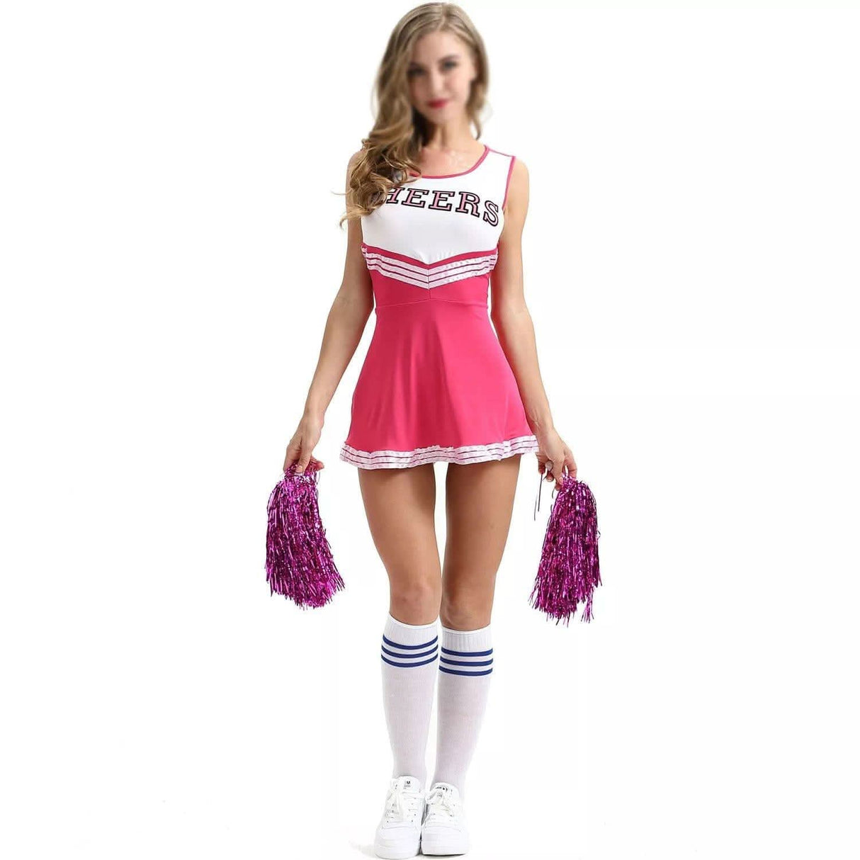 Women's Pink Cheerleader Costume With Pom Poms