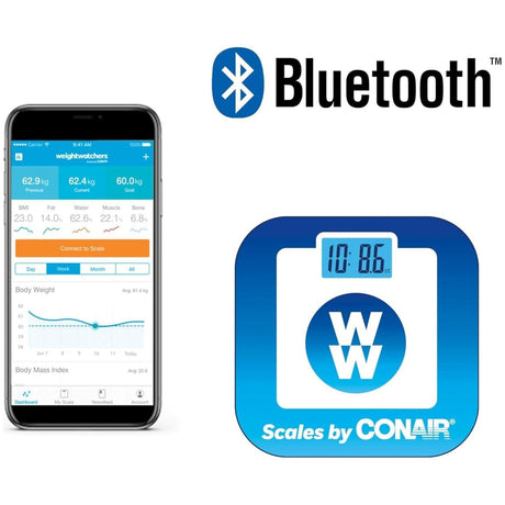 Weight Watchers Bluetooth body analysis scale app interface showing weight and body metrics on smartphone
