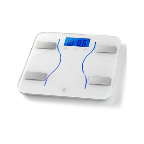 Weight Watchers Bluetooth body analysis scale in white with digital display and metal sensors