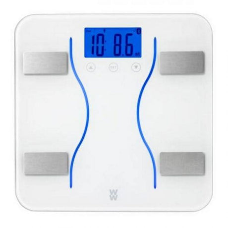 Weight Watchers Bluetooth body analysis scale with digital display and metal sensors in white