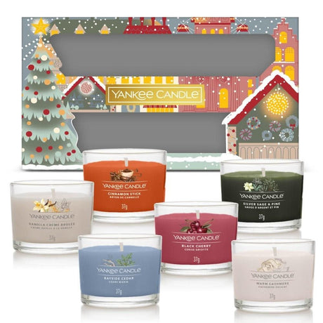 Yankee Candle Christmas gift set with six scented candles including cinnamon stick and black cherry