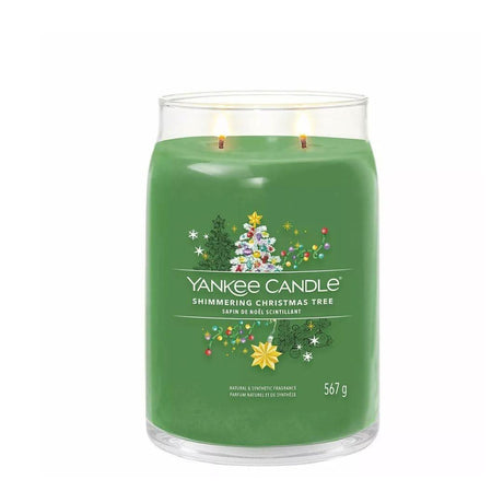 Yankee Candle Christmas Tree scent green candle with two wicks and festive holiday design