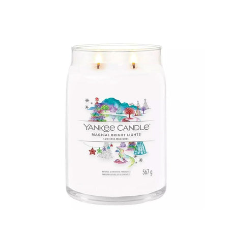 Yankee Candle Magical Bright Lights large white scented candle with two wicks and colorful holiday design