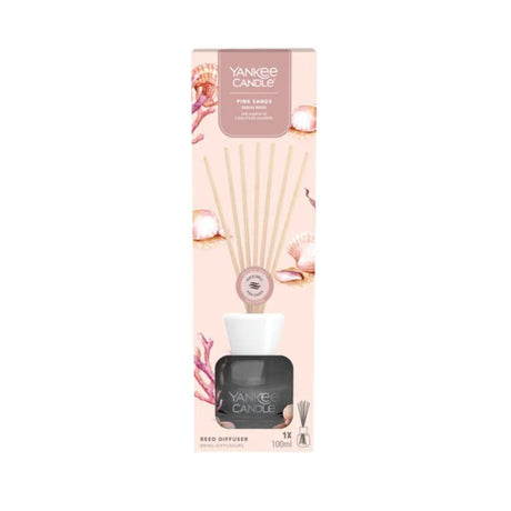 Yankee Candle Pink Sands reed diffuser with floral and seashell design in 100ml black bottle