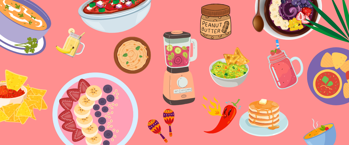 Colourful illustration of meals with a blender including smoothies, pancakes, and dips