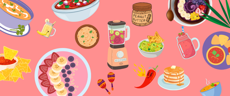 Colourful illustration of meals with a blender including smoothies, pancakes, and dips