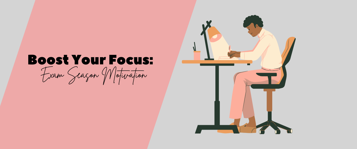 Illustration of a student studying at a desk with a pink and purple backdrop