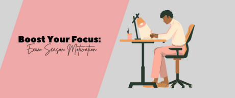 Illustration of a student studying at a desk with a pink and purple backdrop