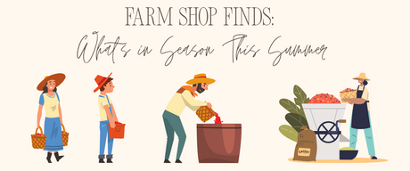 Summer farm shop produce displayed by farmers with baskets and fresh fruits in a vibrant setting