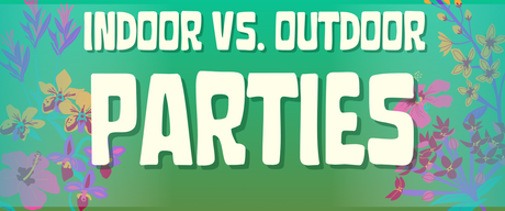 Colourful graphic illustrating indoor vs outdoor party planning with floral elements