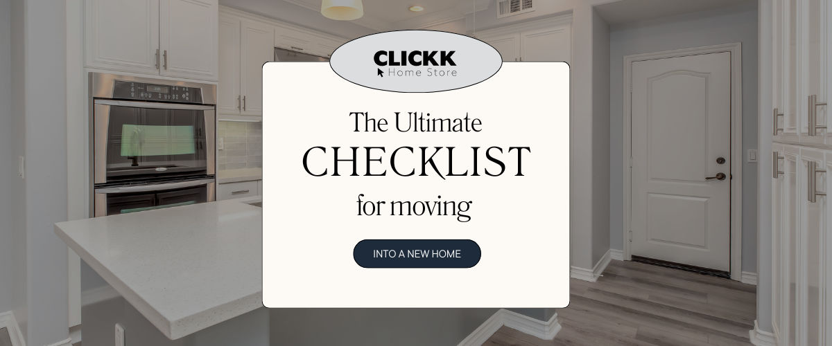 Modern kitchen with white cabinets and wooden floor featuring a moving into a new home checklist banner