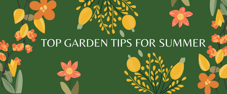 Floral design with text Top Garden Tips for Summer highlighting summer gardening tips