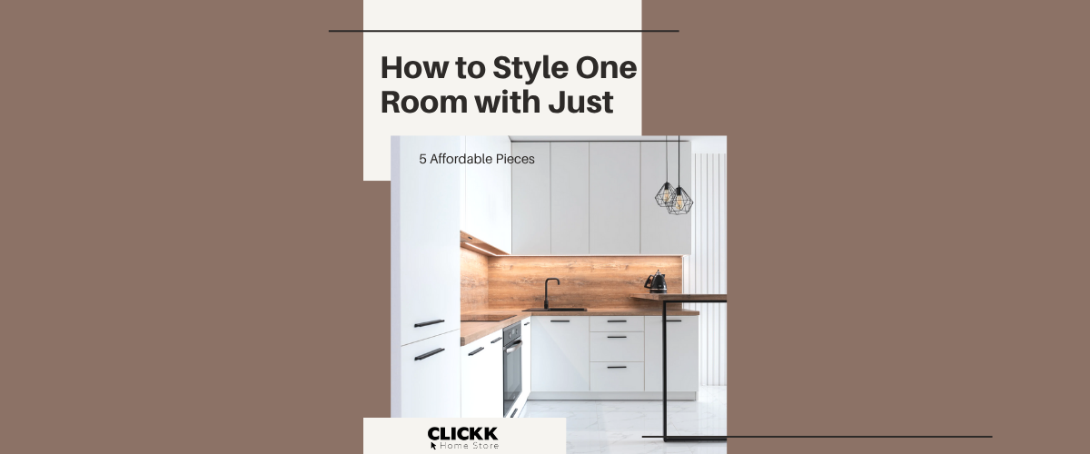 Modern kitchen interior showcasing affordable room styling ideas with white cabinets and wood accents