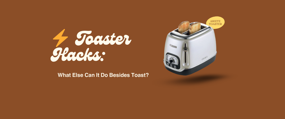 Modern white toaster with bread slices and text about toaster hacks on a brown background