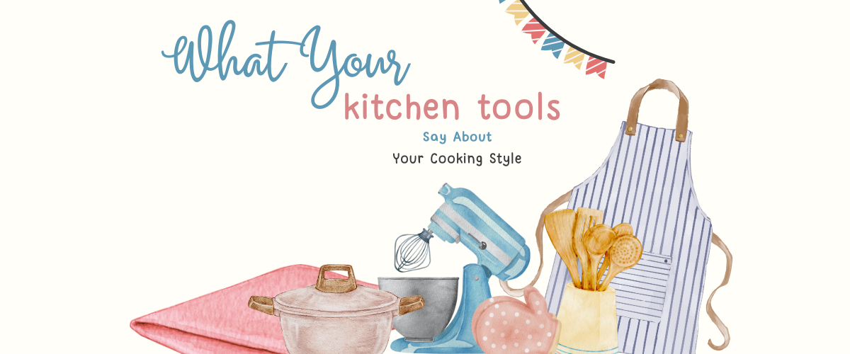 Assorted kitchen tools for home cooks including apron, mixer, wooden spoons, pot, and towel
