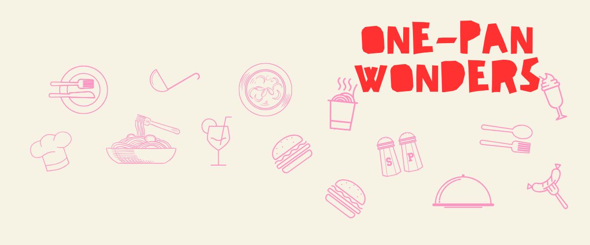 Colourful graphic showcasing one-pan wonders with icons of food 