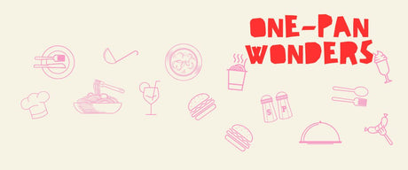 Colourful graphic showcasing one-pan wonders with icons of food 