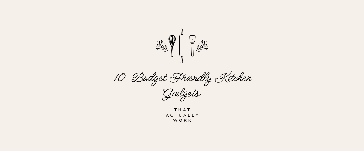 Title image for article about best budget kitchen gadgets 2024 featuring simple kitchen utensil icons