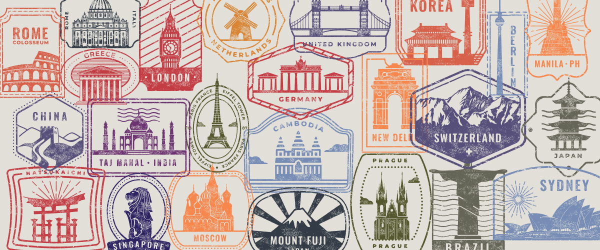 Colourful travel stamps from global destinations