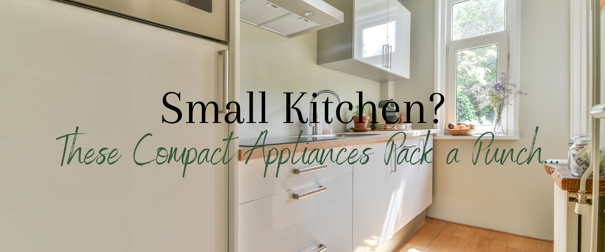 Stylish small kitchen with blog title in earth tones