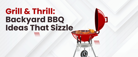 Red charcoal grill with food cooking and text promoting backyard BBQ ideas that sizzle