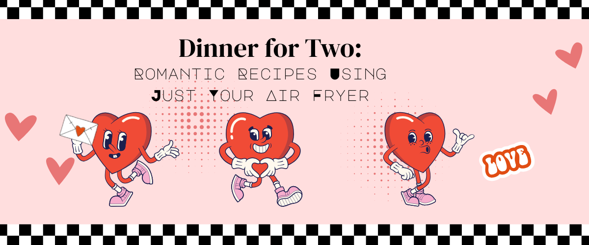 Blog title dinner for two featuring a checked border with heart-themed illustrations
