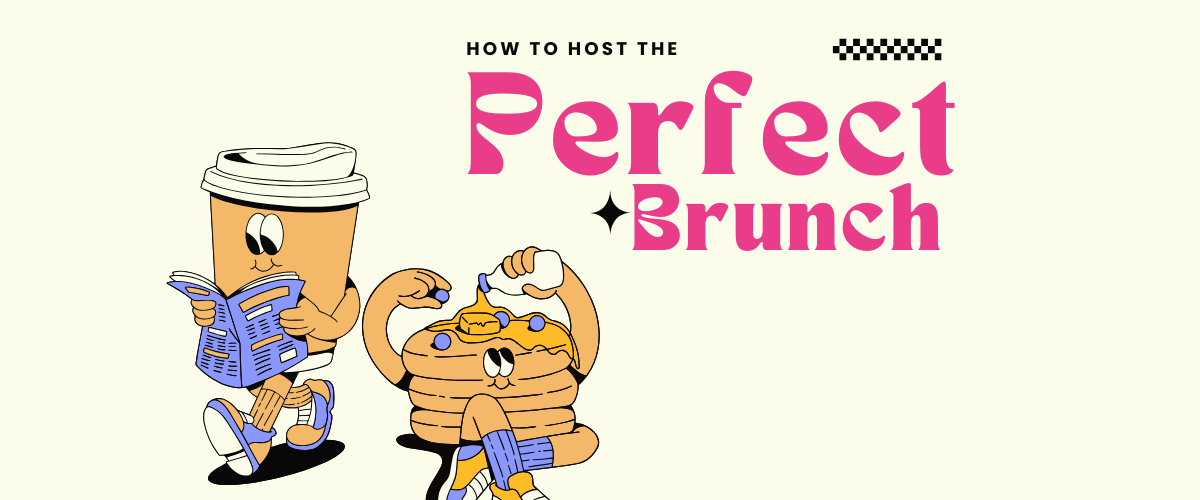 Colourful graphic illustrating brunch with coffee and breakfast foods