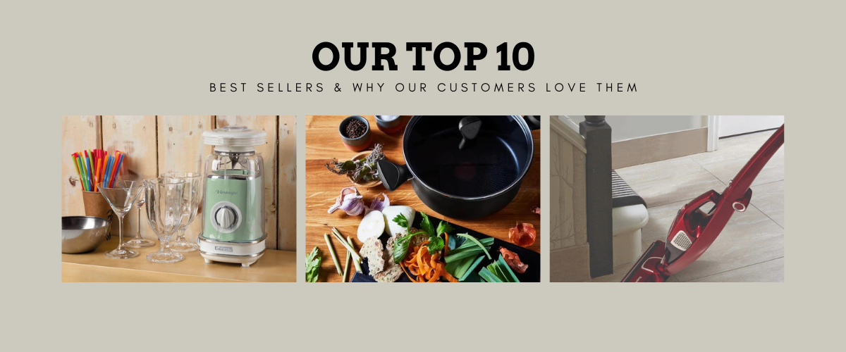 Collage of best selling home appliances including kitchen gadgets, cookware, and a vacuum cleaner