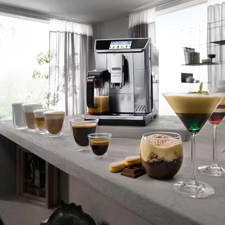DeLonghi sleek home coffee machine with transparent water tank for sale