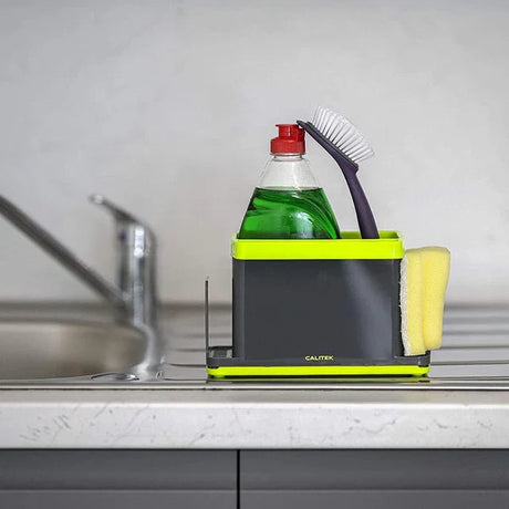 Calitek sink caddy organizer with cleaning brush, sponge, and dish soap bottle on kitchen sink countertop