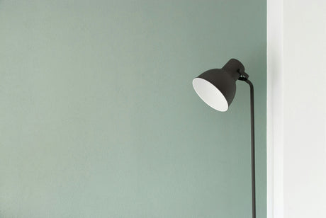 Black floor lamp against a light green wall showcasing the latest homeware arrivals for stylish interiors