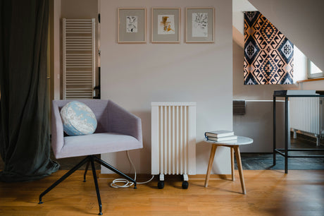 Modern living room with energy efficient home heaters featuring a Dimplex electric heater and cozy seating