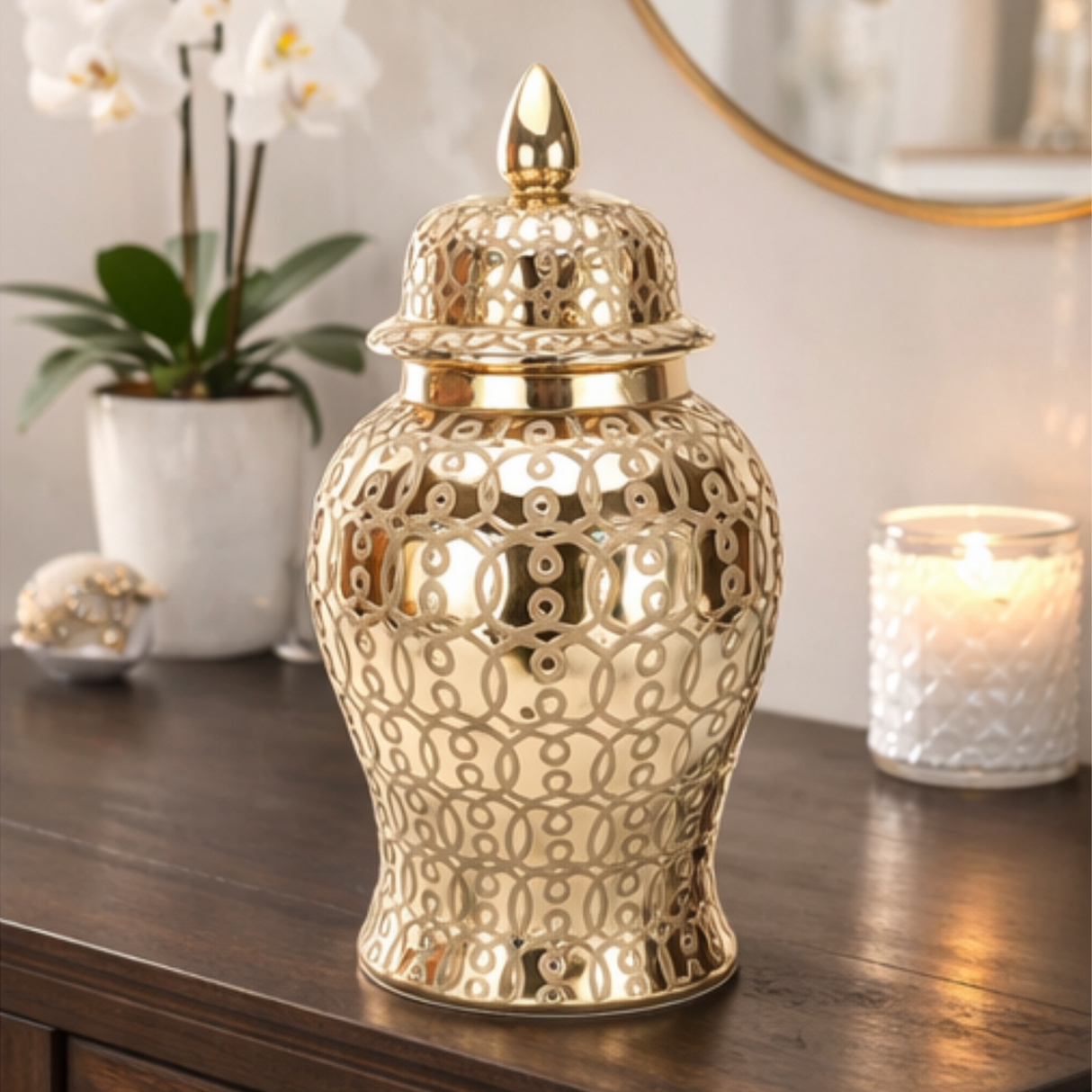Gold Patterned Lidded Decorative Jar H50cm