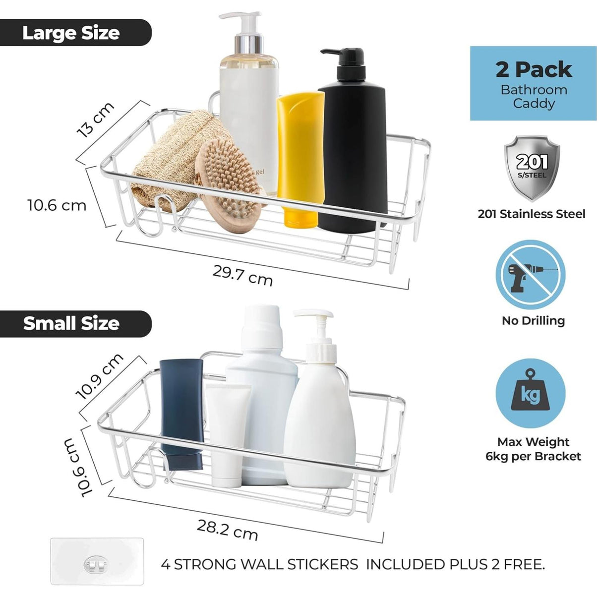 Rectangular 2x Shower Caddy Bathroom Suction Shelf Storage Holder No Drill Silver