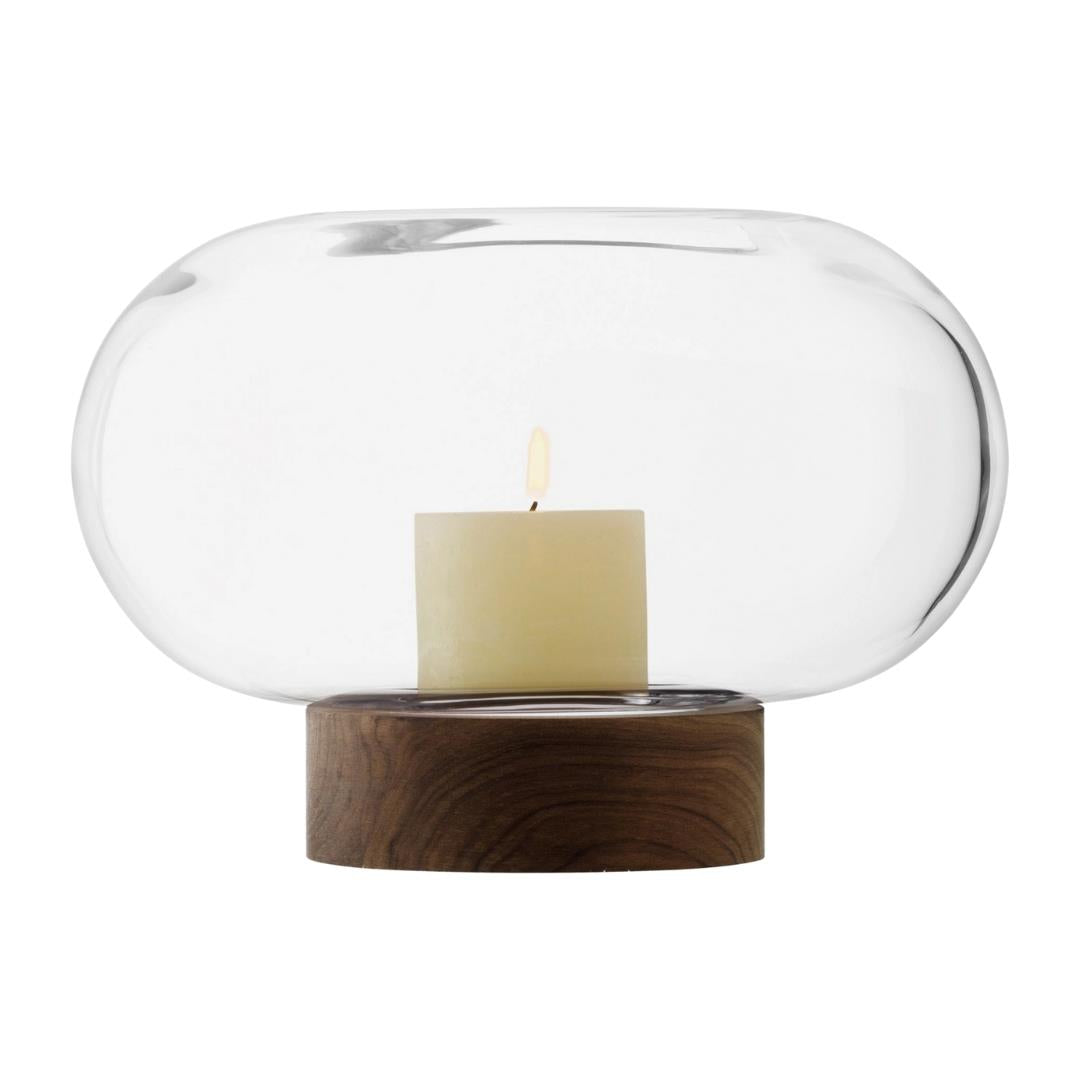 LSA Oblate Glass Vase Lantern 19.5cm with Walnut Base Clear