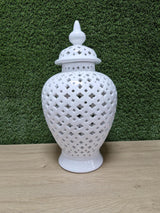White Ceramic Lattice Ginger Jar Decorative Accent Vase 50cm