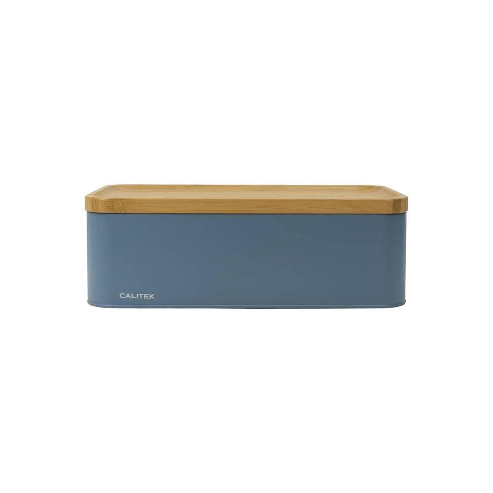 CALITEK Metal Bread Bin Storage Box Container for Kitchen Counter Bamboo Chopping Board Lid Blue