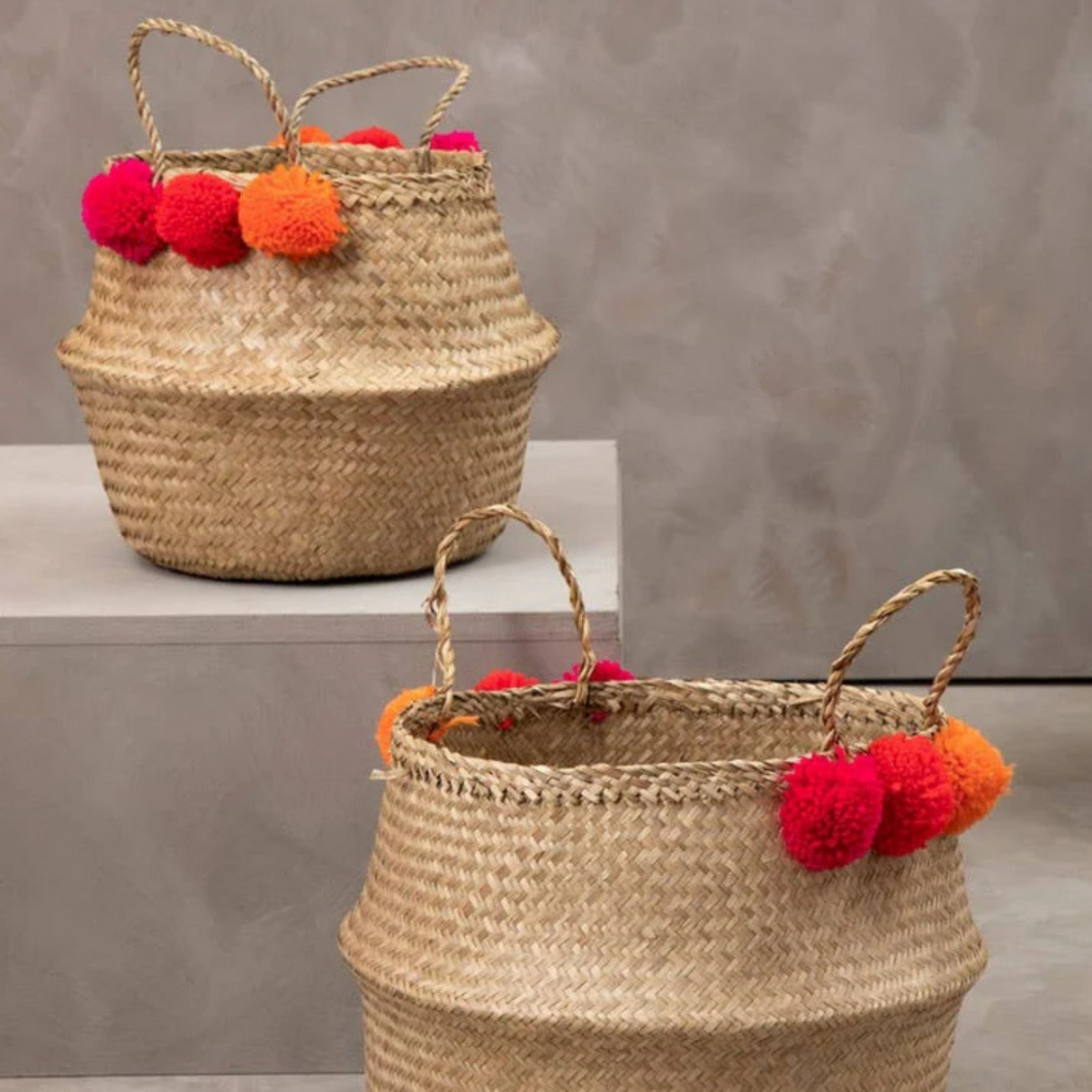 Retro Wicker Pom-Pom Basket