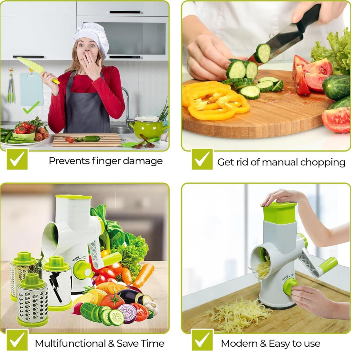 Rotary Food Grater with 3 Stainless Steel Attachments White and Green