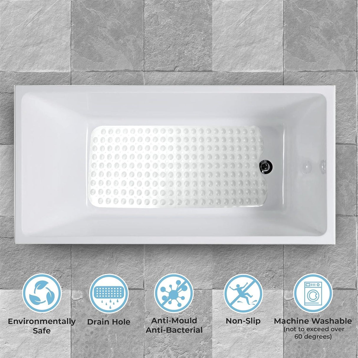 Non-Slip Durable Bath Shower Mat with Suction Cups 40cm x 100cm White
