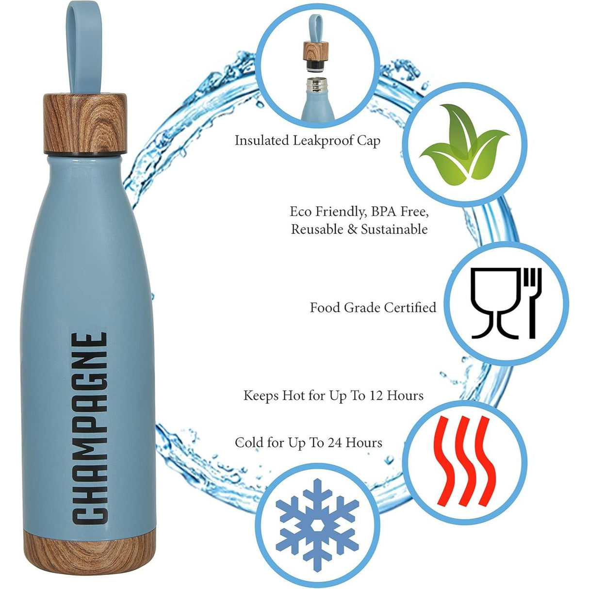 Insulated Stainless Steel 500ml Water Bottle Hot and Cold Blue