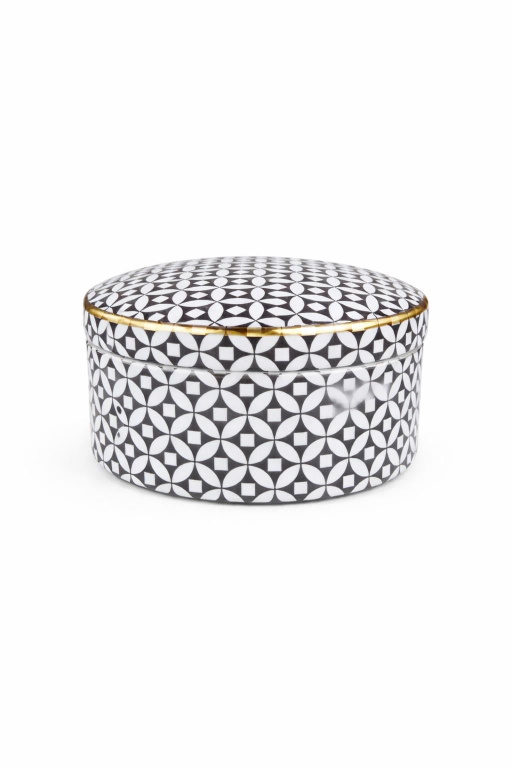 Black & White Geometric Lidded Jar 20cm Wide with Gold Rim