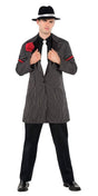 Mens Fancy Dress 1920s gangster costume with black pinstripe coat, white tie, and fedora hat